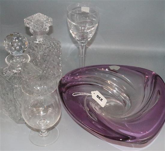 Val St Lambert shallow triangular bowl, 2 Waterford wine glasses by Conran, 2 square decanters & sundries